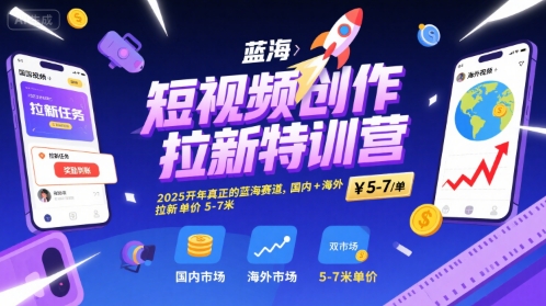 短视频创作拉新特训营，2025开年真正的蓝海赛道，国内+海外，拉新单价5-7米-天星云网创
