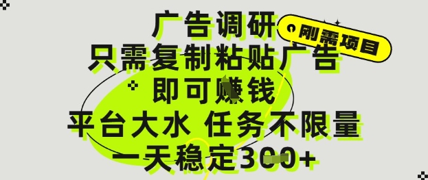 广告调研项目，只需复制粘贴广告即可挣钱，平台大水，任务不限量，一天3张【揭秘】-天星云网创