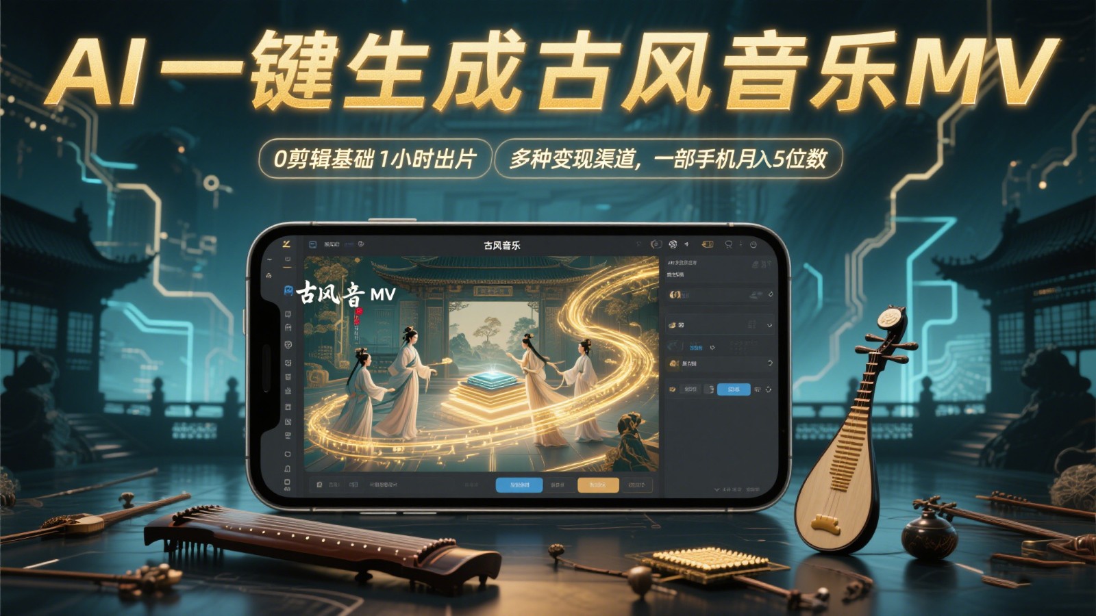AI一键生成古风音乐MV，0剪辑基础1小时出片，多种变现渠道，一部手机月入5位数-天星云网创