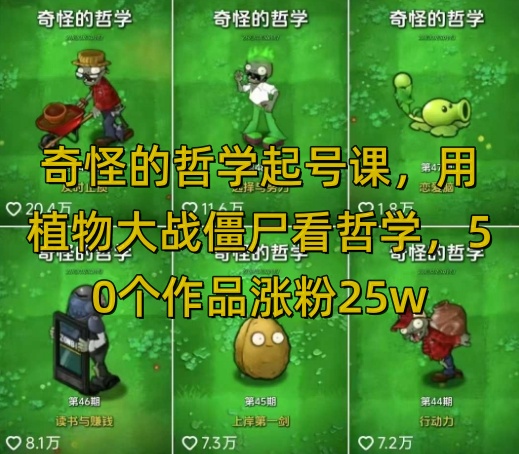 奇怪的哲学起号课，用植物大战僵尸看哲学，50个作品涨粉25w，暴力撸收益，全平台均可发布-天星云网创