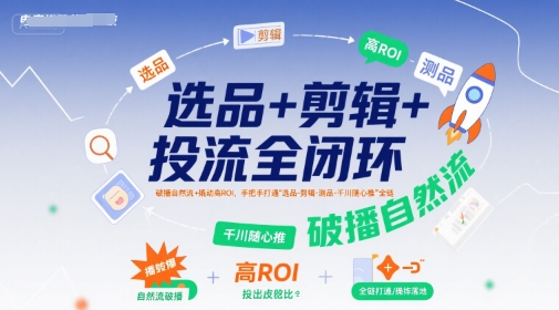 选品+剪辑+投流全闭环，破播自然流+撬动高ROI，手把手打通“选品-剪辑-测品-千川随心推”全链-天星云网创
