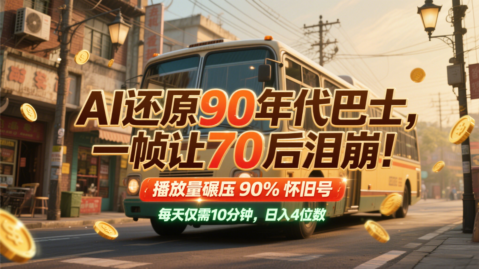 AI还原90年代巴士，一帧让70后泪崩！播放量碾压90%怀旧号，每天10分钟，日入4位数-天星云网创