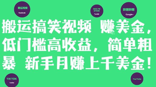 搬运搞笑视频挣美金，低门槛高收益，简单粗暴新手月入上千美刀-天星云网创