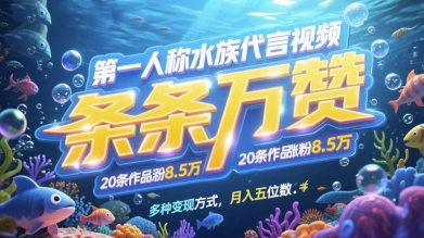第一人称水族代言视频，条条万赞，20条作品涨粉7.8W，多种变现方式月入五位数-天星云网创