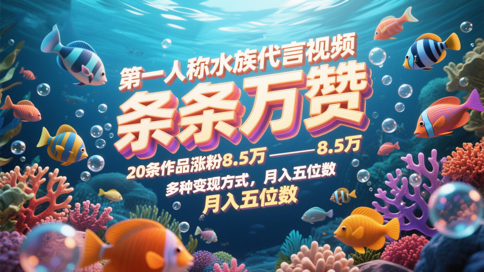 第一人称水族代言视频，条条万赞，20条作品涨粉8.5万，多种变现方式月，入五位数-天星云网创