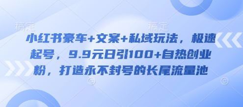 小红书豪车+文案+私域玩法，极速起号，9.9元日引100+自热创业粉，打造永不封号的长尾流量池-天星云网创